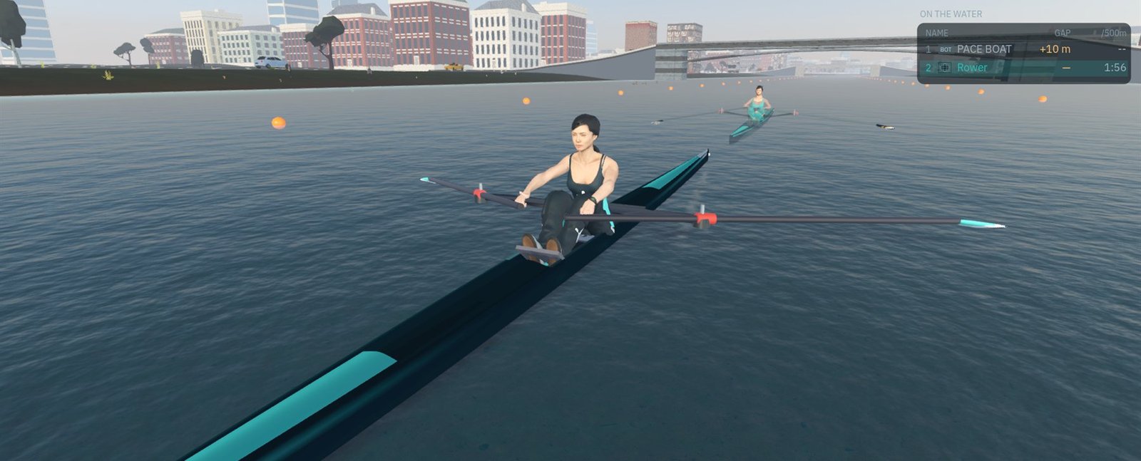 A single scull on the river through Emerald City, a pace boat alongside and the city skyline behind