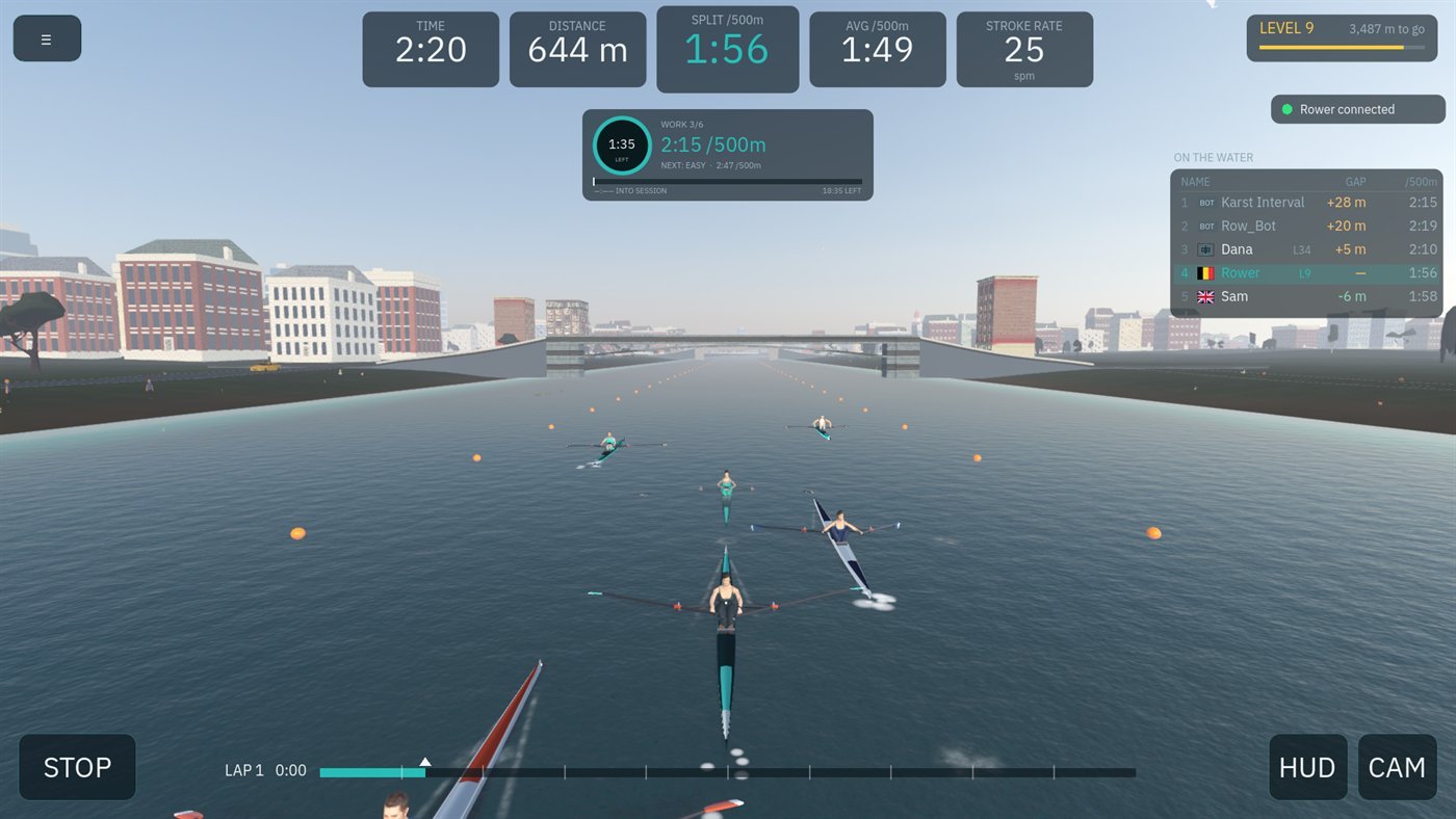 Rowing alongside other people online, with the nearby rowers panel showing gaps and splits