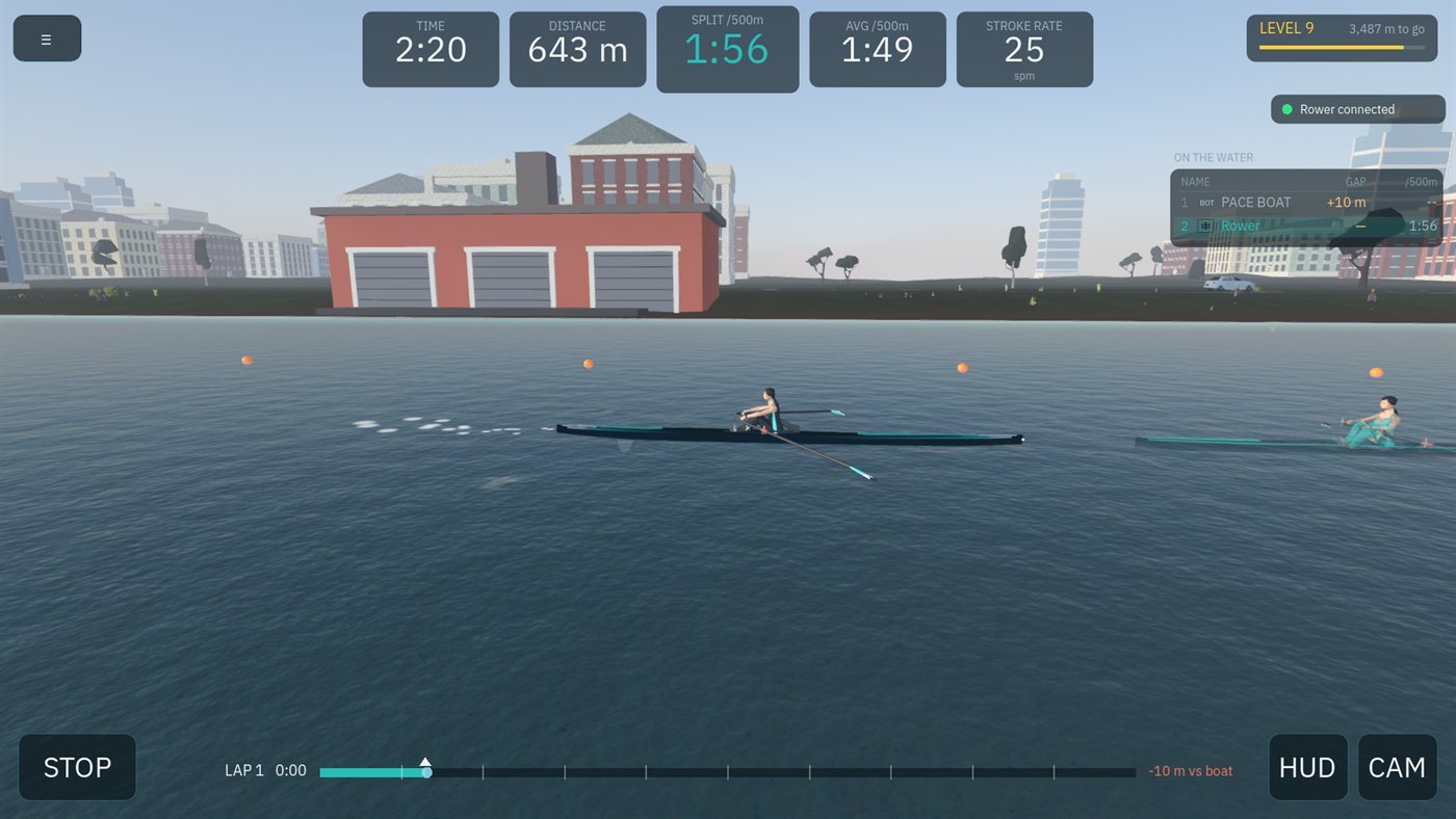 A single scull running past the boathouses on Emerald City